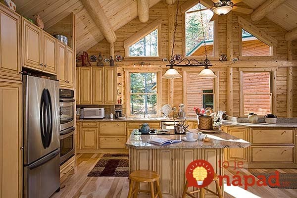 Interior, horizontal, kitchen, Vogel residence, Norway, Maine, Ward Cedar Log Homes