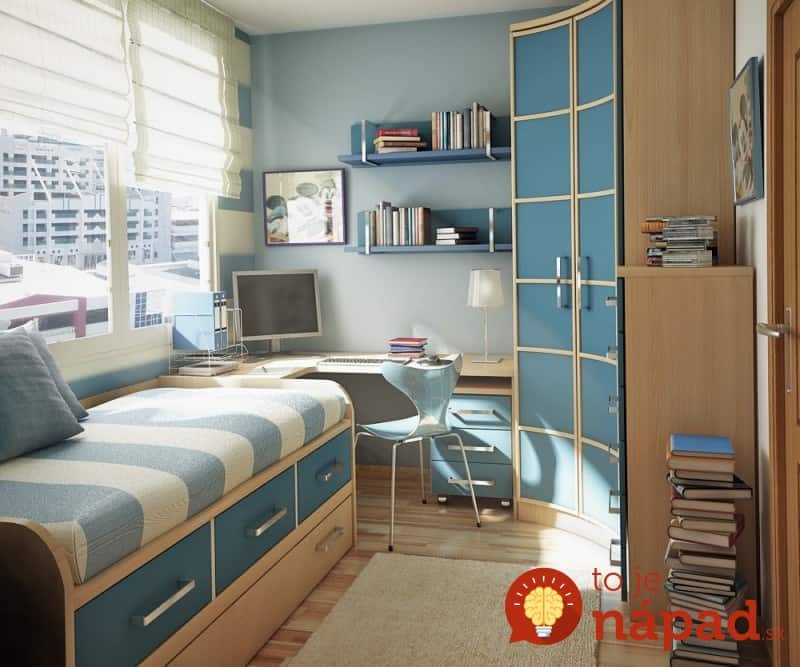 Lovely-Blue-Details-in-Small-Bedroom-Design-with-Cozy-Bed-and-Wooden-Desk-near-Curve-Wardrobe