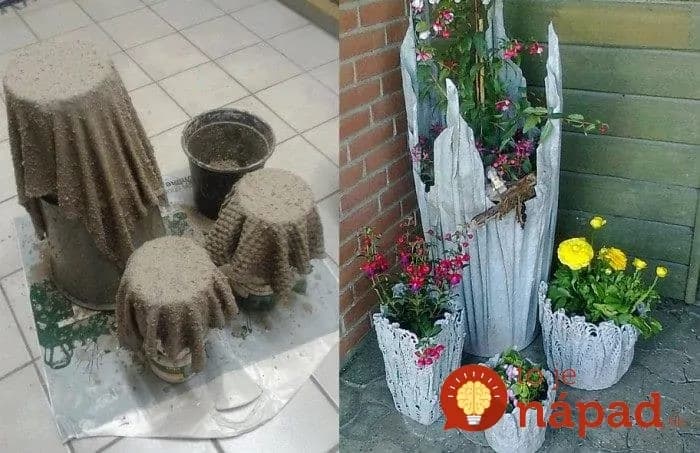 Unikátne kvetináče  do záhrady z betónu a látky